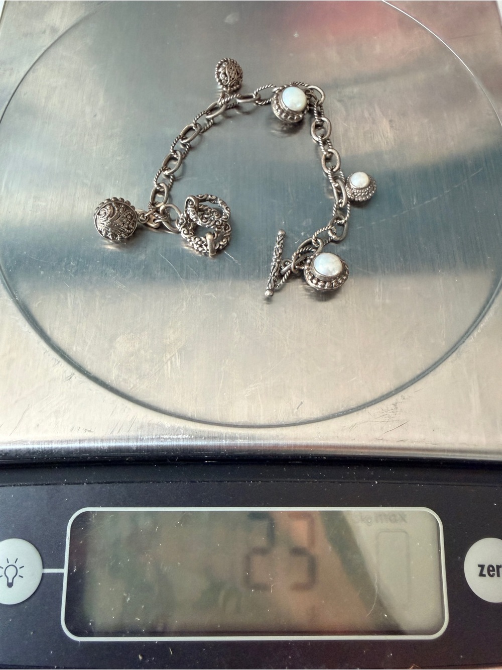Sarda Sterling Silver 925 Filigree Charm Bracelet Pearl Cabochons 7.5"